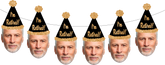 older man wearing a black party hat with gold lettering reading "I'm Retired!"